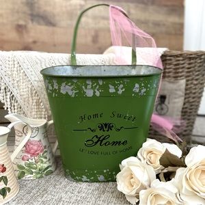 Vintage Chippy Metal Floral Container with Handle